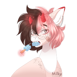 Size: 1920x1920 | Tagged: safe, artist:milkycloudss, imported from derpibooru, oc, oc:rin, pony, bandaid, female, food, horns, ice cream, magic, mare, popsicle, sea salt ice cream, solo