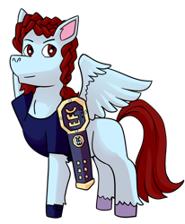 Size: 1046x1269 | Tagged: safe, artist:beth, imported from derpibooru, oc, oc only, oc:searing skies, pegasus, derpibooru community collaboration, 2022 community collab, belt, braid, championship belt, fighter, mma, simple background, transparent background, ufc