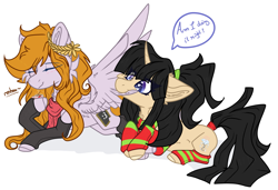 Size: 2843x1944 | Tagged: safe, artist:tizhonolulu, imported from derpibooru, oc, oc:cookie byte, oc:tiz honolulu, pegasus, pony, unicorn, assisted preening, chocolate, clothes, dialogue, duo, female, food, grooming, headband, hot chocolate, mare, mug, oc x oc, ponytail, preening, scarf, shipping, socks, striped scarf, striped socks, wings