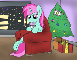 Size: 1800x1400 | Tagged: safe, artist:amateur-draw, imported from derpibooru, oc, oc:belle boue, pony, unicorn, chair, chocolate, christmas, christmas lights, christmas tree, city, food, holiday, hot chocolate, male, present, sitting, solo, stallion, tree