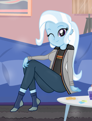 Size: 935x1230 | Tagged: safe, artist:charliexe, artist:grapefruit-face, artist:yaya54320bases, imported from derpibooru, trixie, equestria girls, biscuits, clothes, coat, cosplay, costume, doctor who, looking at you, one eye closed, shirt, show accurate, sitting, smiling, socks, solo, stocking feet, striped shirt, thirteenth doctor, wink