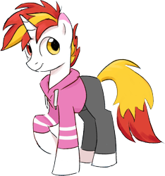 Size: 1354x1447 | Tagged: safe, artist:aanotherpony, imported from derpibooru, oc, oc only, oc:shyfire, pony, unicorn, derpibooru community collaboration, 2022 community collab, clothes, heterochromia, hoodie, horn, male, pants, raised hoof, simple background, solo, stallion, tail, transparent background, two toned mane, two toned tail, unicorn oc