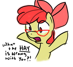 Size: 698x640 | Tagged: safe, artist:grilledcat, imported from derpibooru, apple bloom, earth pony, pony, female, filly, foal, glasses, simple background, solo, text, transparent background