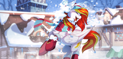 Size: 3000x1454 | Tagged: safe, artist:redchetgreen, imported from derpibooru, oc, oc only, oc:diamond sun, pegasus, pony, chest fluff, clothes, commission, eyes closed, female, high res, mare, open mouth, open smile, scarf, shoes, smiling, snow, snowball, snowball fight, solo, wings, winter, winter outfit, ych result