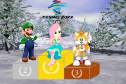 Size: 1280x854 | Tagged: safe, artist:cloudy glow, artist:user15432, imported from derpibooru, fluttershy, human, equestria girls, beijing 2022, bronze medal, crossover, female, geode of fauna, gold medal, looking at you, luigi, luigishy, magical geodes, male, mario & sonic, mario & sonic at the olympic games, mario & sonic at the olympic winter games, mario and sonic, mario and sonic at the olympic games, medal, miles "tails" prower, olympic games, olympic rings, olympic winter games, olympics, silver medal, sonic the hedgehog (series), straight, super mario bros., winter olympic games, winter olympics