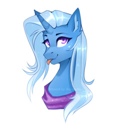 Size: 800x800 | Tagged: safe, artist:buvanybu, imported from derpibooru, trixie, pony, :p, bust, clothes, ear fluff, female, mare, portrait, scarf, solo, tongue out