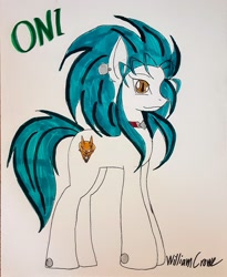 Size: 2448x2987 | Tagged: safe, artist:crowe1978, imported from derpibooru, earth pony, pony, ear piercing, female, high res, mare, piercing, ponified, ryoko, signature, simple background, smiling, solo, tenchi muyo, traditional art