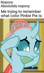 Size: 500x828 | Tagged: safe, imported from derpibooru, ocellus, changedling, changeling, school daze, female, implied pinkie pie, meme, memes in the comments, thinking