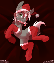 Size: 1536x1800 | Tagged: safe, alternate version, artist:meowcephei, imported from derpibooru, oc, oc:silver prose, pony, candy, candy cane, christmas, christmas stocking, clothes, food, holiday, socks, solo, stockings, thigh highs