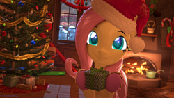 Size: 3840x2160 | Tagged: safe, artist:sylthena, imported from derpibooru, fluttershy, pegasus, pony, 3d, 4k, candy, candy cane, candy canes, carpet, christmas, christmas lights, christmas stocking, christmas tree, christmas wreath, cozy, cute, daaaaaaaaaaaw, fire, fireplace, food, furnace, gift wrap, glowing, glowing eyes, hat, high res, holiday, looking at you, offscreen character, ornament, ornaments, pov, present, rug, santa hat, shyabetes, snow, source filmmaker, tree, wreath