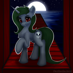 Size: 2048x2048 | Tagged: safe, artist:darbedarmoc, imported from derpibooru, oc, oc only, oc:minerva, unicorn, bridge, high res, looking at you, moon, ocean, pier, red eyes, solo, stars