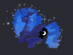 Size: 4032x3024 | Tagged: safe, artist:rover, artist:rrrover, imported from derpibooru, princess luna, alicorn, pony, dark, glowing, glowing mane, lights, sleepy