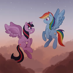 Size: 2000x2000 | Tagged: safe, artist:voxaro, imported from derpibooru, rainbow dash, twilight sparkle, alicorn, pegasus, pony, cloud, duo, female, first flight, flying, high res, looking at each other, looking at someone, mare, nervous, sheepish grin, sky, smiling, sweat, twilight sparkle (alicorn)