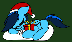 Size: 2663x1552 | Tagged: safe, artist:derpyalex2, imported from derpibooru, oc, oc only, oc:shy-fly, pegasus, pony, christmas, clothes, hat, holiday, jacket, pillow, present, santa hat, sleeping, sweater