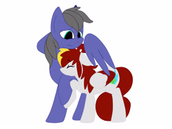 Size: 2828x2121 | Tagged: safe, artist:euphorictheory, imported from derpibooru, oc, oc only, oc:flareblitz, oc:wolfbane, pegasus, pony, colored wings, duo, female, floppy ears, high res, hug, male, mare, simple background, stallion, white background, winghug, wings