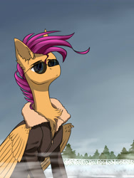 Size: 3000x4000 | Tagged: safe, artist:ajax, artist:ajaxorsomething, artist:willdrawhere, imported from derpibooru, scootaloo, pegasus, pony, bomber jacket, clothes, epic, foggy, jacket, solo, sunglasses