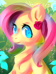 Size: 900x1200 | Tagged: safe, artist:chipce, imported from derpibooru, fluttershy, pegasus, pony, abstract background, aside glance, bust, chest fluff, cute, daaaaaaaaaaaw, female, folded wings, looking at you, mare, portrait, shyabetes, solo, three quarter view, wings