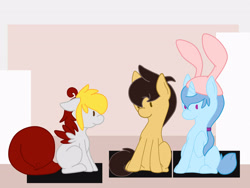 Size: 2828x2121 | Tagged: safe, artist:euphorictheory, imported from derpibooru, oc, oc only, oc:wolfbane, unnamed oc, earth pony, pegasus, pony, unicorn, colored wings, female, floppy ears, hairband, hat, high res, male, mare, simple background, stallion, wings