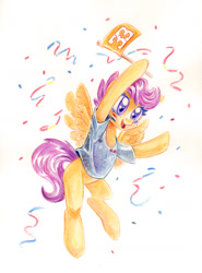 Size: 1253x1689 | Tagged: safe, artist:maytee, imported from derpibooru, scootaloo, pegasus, pony, clothes, face paint, flag, formula 1, shirt, smiling, solo, t-shirt