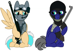 Size: 2428x1700 | Tagged: safe, artist:euphorictheory, imported from derpibooru, oc, oc only, oc:flareblitz, oc:snow blizzard, pegasus, pony, balaclava, camouflage, clothes, duo, goggles, gun, headset, helmet, male, military, military uniform, simple background, soldier, stallion, uniform, vest, weapon, white background, wings