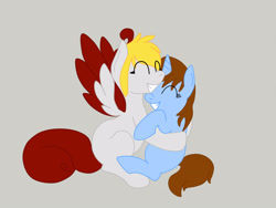 Size: 2828x2121 | Tagged: safe, artist:euphorictheory, imported from derpibooru, oc, oc only, oc:catbell, oc:wolfbane, pegasus, pony, unicorn, colored wings, duo, female, high res, hug, mare, simple background, wings