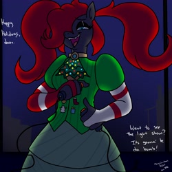 Size: 3600x3600 | Tagged: safe, artist:pony quarantine, imported from derpibooru, oc, oc only, oc:lady veritas, anthro, earth pony, bomb, christmas, clothes, dress, fangs, female, hair over one eye, high res, holiday, lidded eyes, secret santa, solo, talking to viewer, weapon