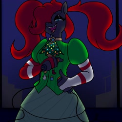 Size: 3600x3600 | Tagged: safe, alternate version, artist:pony quarantine, imported from derpibooru, oc, oc only, oc:lady veritas, anthro, earth pony, bomb, christmas, clothes, dress, fangs, female, hair over one eye, high res, holiday, lidded eyes, secret santa, solo, weapon