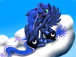 Size: 1600x1200 | Tagged: safe, artist:vasillium, imported from derpibooru, princess luna, alicorn, pony, blushing, brother, brother and sister, cloud, crown, day, family, female, jewelry, kissing, male, on a cloud, outdoors, prince, prince artemis, princess, r63 paradox, regalia, royalty, rule 63, self ponidox, selfcest, shipping, siblings, sister, sitting, sitting on a cloud, sky, spread wings, wingboner, wings