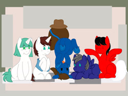 Size: 2828x2121 | Tagged: safe, artist:euphorictheory, imported from derpibooru, oc, oc only, oc:clover, oc:fireblitz, oc:flareblitz, oc:gonard, oc:shuffles, pegasus, pony, unicorn, :p, clothes, female, floppy ears, hairband, hat, headstand, high res, lying down, male, mare, raised hoof, simple background, sitting, spread wings, stallion, tongue out, unshorn fetlocks, vest, wings