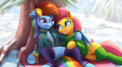 Size: 3892x2153 | Tagged: safe, artist:foxpit, imported from derpibooru, fluttershy, rainbow dash, pegasus, pony, cider, clothes, cute, dashabetes, featureless crotch, female, flutterdash, high res, lesbian, looking at each other, shipping, shyabetes, smiling, smiling at each other, snow, snowfall, socks, stockings, sweater, thigh highs