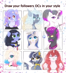 Size: 1862x2048 | Tagged: safe, artist:kawipie, imported from derpibooru, oc, oc only, oc:hazel radiate, oc:nokori, oc:skiu, alicorn, bat pony, changeling, pony, unicorn, :p, alicorn oc, bat pony oc, bust, changeling oc, choker, collar, colored hooves, eyebrows, eyelashes, eyes closed, glowing, glowing horn, grin, highlights, holding, hoof hold, horn, looking at you, magic, magic aura, ocs everywhere, ponytail, portrait, purple changeling, purple eyes, smiling, sword, tongue out, two toned mane, unicorn oc, unshorn fetlocks, weapon, wings