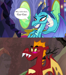 Size: 1280x1440 | Tagged: safe, edit, edited screencap, imported from derpibooru, screencap, garble, princess ember, sweet and smoky, triple threat, aroused, bedroom eyes, bite mark, blushing, comparison, emble, female, flirting, hand on chest, male, shipping, shipping domino, smiling, speech bubble, straight, surprised, twilight's castle