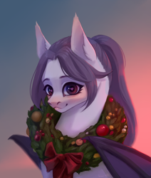 Size: 2200x2600 | Tagged: safe, artist:inarimayer, imported from derpibooru, oc, oc only, bat pony, pony, bust, christmas, christmas wreath, gradient background, heart eyes, high res, holiday, smiling, solo, wingding eyes, wreath