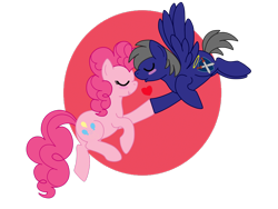 Size: 2828x2121 | Tagged: safe, artist:euphorictheory, imported from derpibooru, pinkie pie, oc, oc:flareblitz, earth pony, pegasus, pony, duo, female, flying, heart, high res, holding hooves, male, mare, shipping, simple background, spread wings, stallion, transparent background, wings