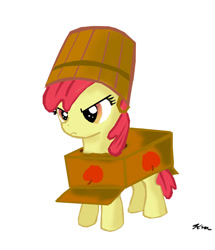 Size: 968x1124 | Tagged: safe, artist:catscratchpaper, imported from derpibooru, apple bloom, earth pony, pony, bucket, cardboard box, female, filly, foal, solo
