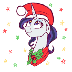 Size: 820x820 | Tagged: safe, artist:karathepony, imported from derpibooru, rarity, pony, bust, christmas, hat, holiday, holly, portrait, santa hat, simple background, solo, starry eyes, white background, wingding eyes