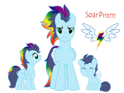 Size: 2828x2121 | Tagged: safe, artist:euphorictheory, imported from derpibooru, oc, oc only, oc:soar prism, pegasus, pony, age progression, colored wings, colt, foal, high res, male, offspring, parent:rainbow dash, parent:soarin', parents:soarindash, reference sheet, simple background, sitting, spread wings, stallion, text, transparent background, wings