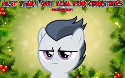 Size: 2064x1289 | Tagged: safe, artist:frownfactory, artist:not-yet-a-brony, imported from derpibooru, rumble, pegasus, pony, 2021, christmas, colt, december, foal, frown, hearth's warming, holiday, last year i got coal for christmas, male, rumble is not amused, song reference, vincent tong, voice actor joke, youtube link in the description