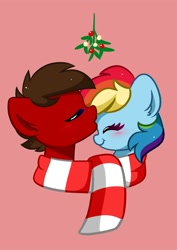 Size: 1416x2000 | Tagged: safe, artist:kittyrosie, imported from derpibooru, rainbow dash, oc, pegasus, pony, blushing, canon x oc, christmas, clothes, commission, cute, dashabetes, duo, eyes closed, holiday, holly, kiss on the head, kissing, merry christmas, mistletoe, oc x oc, ocbetes, scarf, shared clothing, shared scarf, shipping, simple background, striped scarf, xerodash, ych result