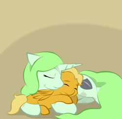 Size: 900x878 | Tagged: safe, artist:askmerriweatherauthor, imported from derpibooru, oc, oc:meadow lark (ask merriweather), oc:merriweather, pegasus, pony, unicorn, ask merriweather, colt, female, foal, lying down, male, mother and child, mother and son, prone, scar, sleeping