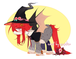 Size: 2450x1900 | Tagged: safe, artist:qawakie, imported from derpibooru, oc, oc only, bat pony, pony, abstract background, bat pony oc, bat wings, bow, candy, clothes, food, hat, oc name needed, pumpkin, solo, tail, tail bow, wings, witch hat