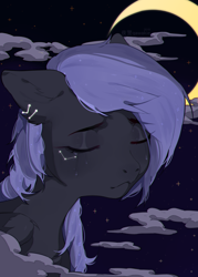Size: 1000x1400 | Tagged: safe, artist:qawakie, imported from derpibooru, oc, oc only, pegasus, pony, bust, constellation, crescent moon, ear piercing, eyes closed, moon, night, pegasus oc, piercing, smiling, solo, stars, transparent moon, wings
