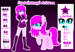 Size: 778x545 | Tagged: safe, artist:fantarianna, imported from derpibooru, oc, oc only, earth pony, pony, equestria girls, boots, clothes, crossed arms, duo, earth pony oc, equestria girls-ified, female, gradient background, raised hoof, reference sheet, shoes, skirt, unamused