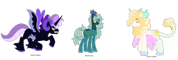 Size: 2179x737 | Tagged: safe, artist:tragedy-kaz, imported from derpibooru, oc, oc only, hybrid, pony, base used, female, group, interspecies offspring, male, mare, offspring, parent:discord, parent:princess celestia, parent:princess luna, parents:dislestia, parents:lunacord, parents:sombracord, simple background, smiling, stallion, transparent background