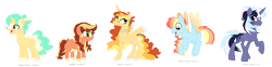 Size: 2310x576 | Tagged: safe, artist:tragedy-kaz, imported from derpibooru, oc, oc only, earth pony, pegasus, pony, unicorn, base used, braid, colored wings, earth pony oc, female, group, horn, magical gay spawn, male, mare, offspring, parent:big macintosh, parent:princess celestia, parent:rainbow dash, parent:sunburst, parent:zephyr breeze, parents:celestiburst, parents:lunaburst, parents:macburst, parents:rainbowburst, pegasus oc, raised hoof, simple background, smiling, stallion, transparent background, two toned wings, unicorn oc, wings