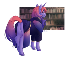 Size: 3415x2727 | Tagged: safe, artist:royvdhel-art, imported from derpibooru, oc, oc only, pony, unicorn, bedroom eyes, book, bookshelf, butt, clothes, colored hooves, female, high res, horn, mare, plot, solo, unicorn oc