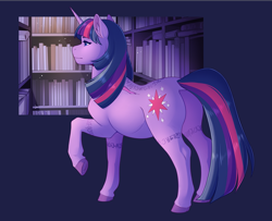 Size: 3379x2745 | Tagged: safe, artist:royvdhel-art, imported from derpibooru, twilight sparkle, pony, unicorn, book, bookshelf, butt, colored hooves, dock, female, high res, mare, plot, raised hoof, scar, solo, tail, tattoo, unicorn twilight