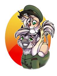 Size: 1290x1706 | Tagged: safe, artist:grilledsoap, imported from derpibooru, oc, oc only, oc:palatinatus clypeus, kirin, zebra, equestria at war mod, child, clothes, cute, father and child, father and daughter, female, heterochromia, kirin hybrid, leonine tail, male, military uniform, simple background, tail, transparent background, uniform, zebra oc