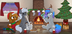 Size: 5500x2612 | Tagged: safe, artist:hellblazer911, artist:rokosmith26, imported from derpibooru, oc, oc only, oc:ash, oc:mazz, oc:steam hooves, earth pony, pegasus, pony, candy, candy cane, candy canes, chest fluff, chocolate, christmas, christmas lights, christmas stocking, christmas sweater, christmas tree, clothes, collaboration, commission, complex background, cookie, cream, curious, curtains, determined, drink, earth pony oc, fake antlers, female, fire, fireplace, food, gingerbread (food), gingerbread man, happy, hat, high res, holding, holiday, hot chocolate, indoors, looking at someone, lying down, male, mare, mug, open mouth, pegasus oc, plate, present, prone, pulling, reflection, ribbon, santa hat, sitting, snow, stallion, sweater, teeth, tongue out, toy, toy train, tree, trio, wall of tags, whipped cream, window, wing hands, wing hold, wings, wood, wooden floor, worried