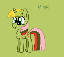 Size: 990x874 | Tagged: safe, artist:piggythebiker689, imported from derpibooru, mimic (g1), pony, twinkle eyed pony, unicorn, cute, female, g1, g1 to g4, g4, generation leap, green background, green text, mare, mimicbetes, simple background, smiling, solo, text